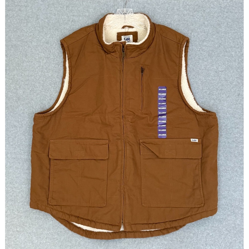 NEW! Lee Workwear Chore Vest Mens 2XL Brown Full-Zip Canvas Warm Sherpa Lined